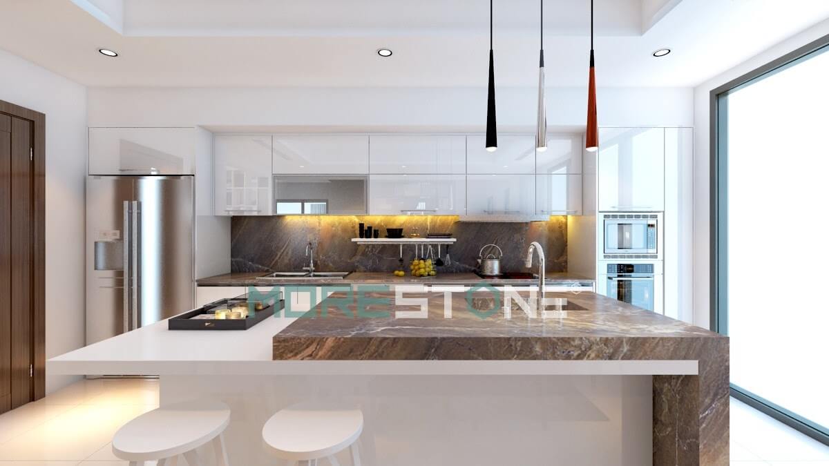 Xu hướng mới gia chủ sử dụng đồng bộ mặt bếp và tường bếp bằng ốp đá để tăng tính thẩm mỹ, hợp vệ sinh trong thi công bếp Thiết kế phòng bếp, tủ bếp đẹp