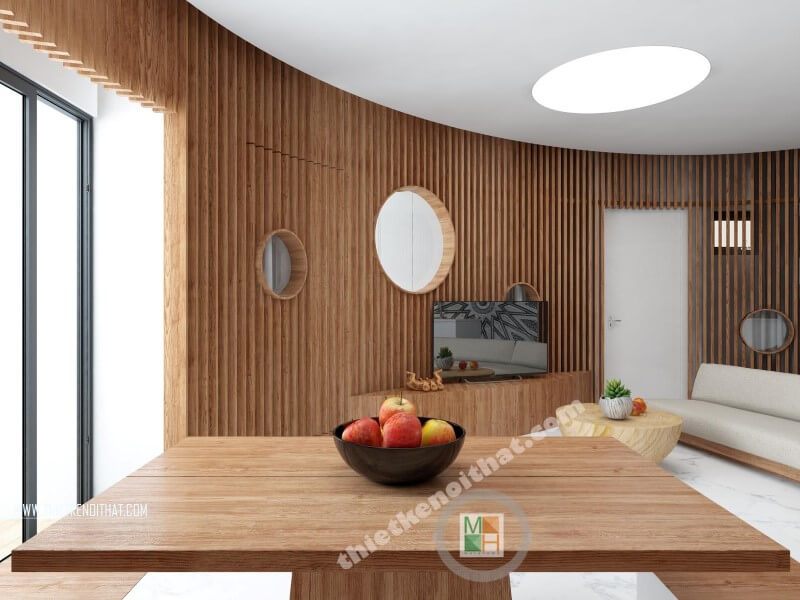 Mẫu bàn ăn gỗ tự nhiên đẹp kết hợp tường ốp gỗ đồng màu mang đến sự ấn tượng, sang trọng.