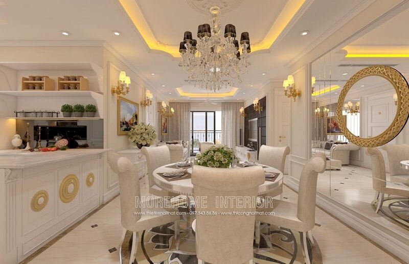 Mẫu bàn ăncao cấp với thiết kế ấn tượng mặt bàn kính hình tròn kết hợp mẫu ghế ăn bọc da màu be cao cấp tạo điểm nhấn nổi bật cho căn phòng