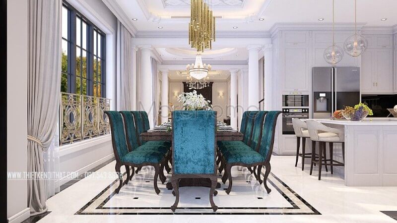 Bộ bàn ăn gỗ tự nhiên cao cấp phong cách tân cổ điển sang trọng, các họa tiết chạm khắc nhẹ nhàng, không quá cầu kỳ rối mắt giúp không gian trở nên thu hút hơn