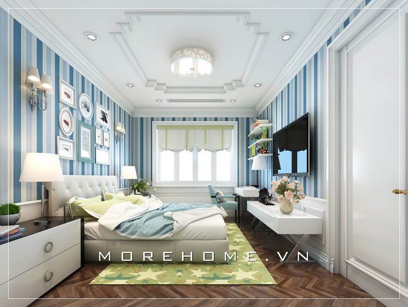 Lấy tone màu xanh - trắng chủ đại, chiếc giường ngủ bọc được bố trí chính giữa tạo cảm giác cân bằng và tạo điểm nhấn cuốn hút hơn cho cả văn phòng