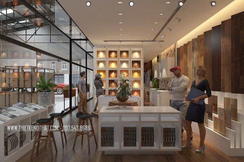 Khu trưng bày sản phẩm cho showroom nội thất JANHOME được thiết kế độc đáo với một quầy kê trưng bày đặc biệt.